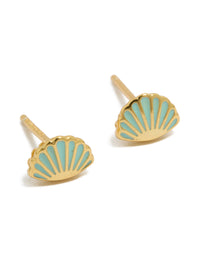 Beautifully crafted gold plated sterling silver blue enamel clam shell earrings featuring ocean accents with stud closure in turquoise front view - link has visual effect only
