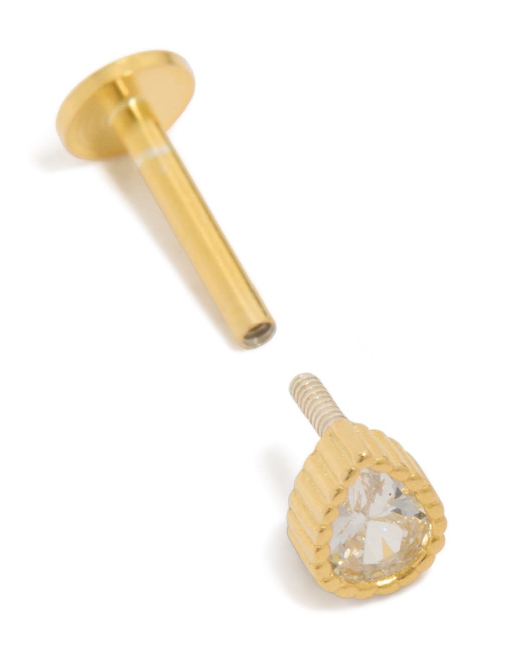 Highlighting dainty pear cut cubic zirconia stud in gold plated sterling silver with flat back closure post detail view