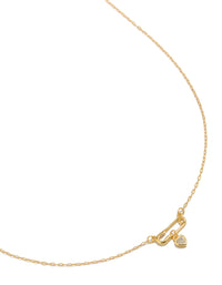 Showcasing a gold plated sterling silver cubic zirconia safety pin necklace with heart close up view - link has visual effect only