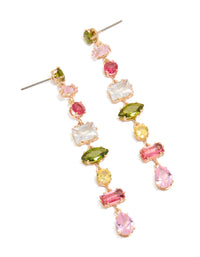 Discover statement drop earrings with mismatched colourful cubic zirconia stones in gold and pink, olive, yellow tones front view - link has visual effect only