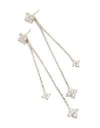 Showcasing dainty floral cubic zirconia double chain flower drop earrings in silver front view - link has visual effect only