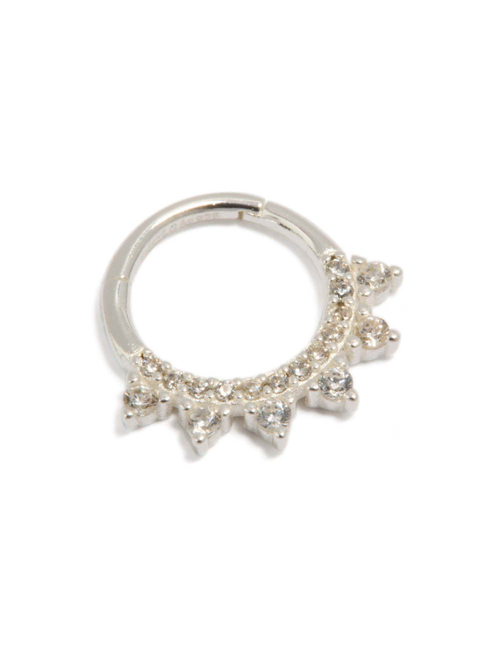 Beautifully crafted sterling silver cubic zirconia spike clicker ring in statement style front view