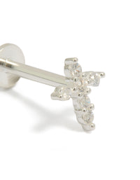 Showcasing a sterling silver cross stud with cubic zirconia stones and flat back design close up view - link has visual effect only