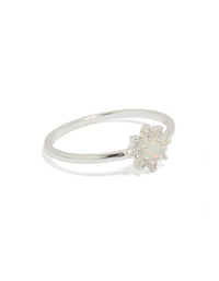 Showcasing a sterling silver cubic zirconia faux opal star ring featuring celestial design in white and ivory side detail view - link has visual effect only