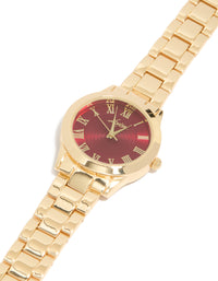 Elegant women's analog watch with brown roman numeral dial, round shape, link band strap in gold for formal occasions view - link has visual effect only