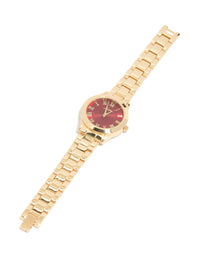 Classic women's analog timepiece featuring brown roman numeral dial, round shape, link band strap in gold for formal occasions view - link has visual effect only