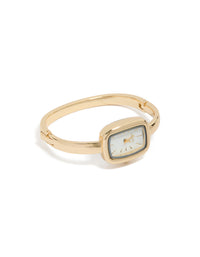 Elegant women's analog bangle watch in gold with white dial and rectangle shape, designed with link-band strap for formal occasions, front view - link has visual effect only