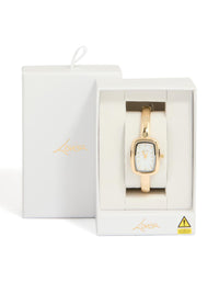 Women's analog bangle watch featuring white dial and rectangle shape, crafted with link-band in gold strap color for formal occasion wear, case detail view - link has visual effect only