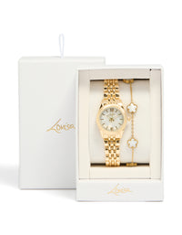 Showcasing a women's analog watch and bracelet set with floral design, white dial featuring roman numerals, round dial shape, formal occasion styling, link band strap in gold case detail view - link has visual effect only