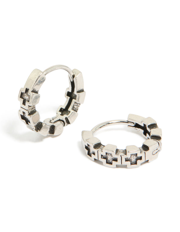 Waterproof mens brushed stainless steel multi cross huggie hoop earrings featuring black detail in silver front view