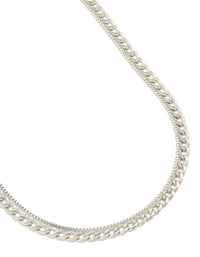 Showcasing a mens waterproof stainless steel box and cuban chain necklace 2 pack in silver close up view - link has visual effect only