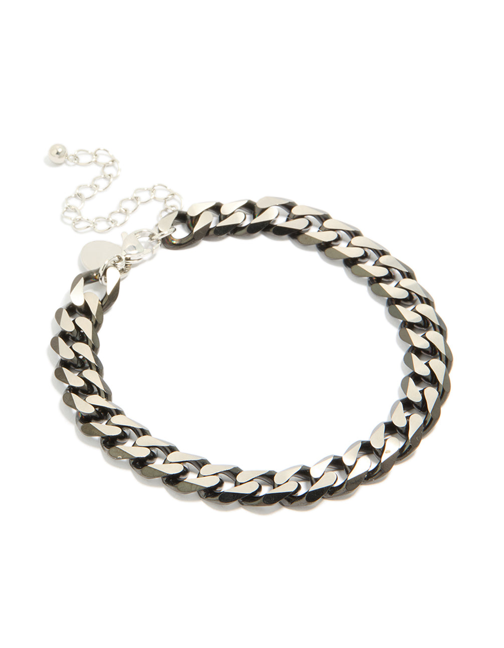 Showcasing a mens waterproof stainless steel black link chain bracelet with heart charm in silver front view