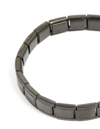 Featuring a waterproof mens black coated metal stainless steel stretch link chain bracelet in dimgrey close up view - link has visual effect only
