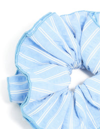 Crafted from pale blue fabric this ruffle scrunchie with white stripe print in a statement style side view - link has visual effect only