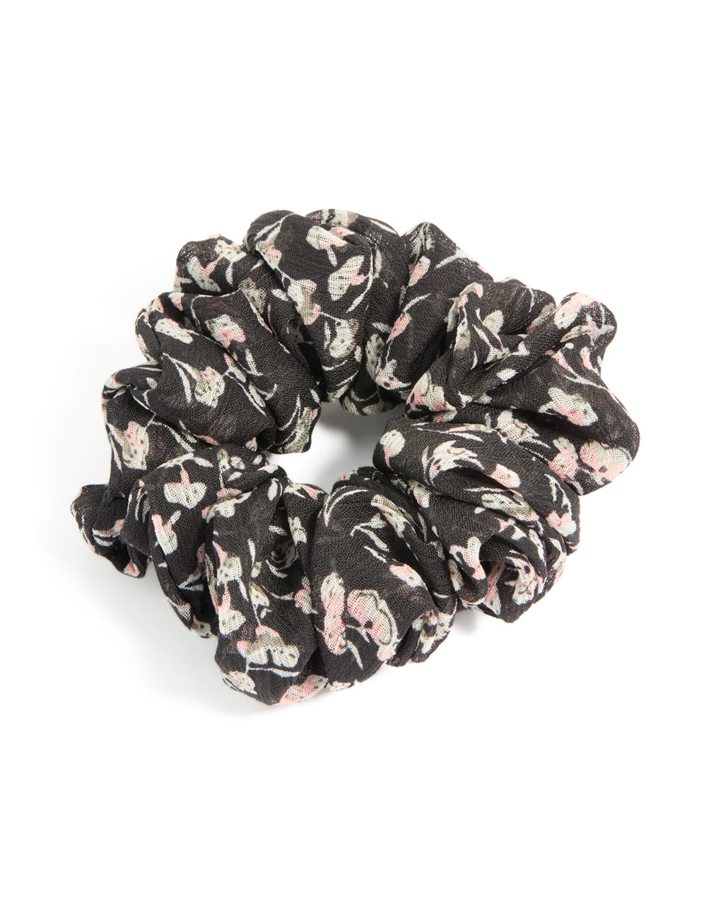 Showcasing a scattered floral printed statement scrunchie in black, light pink, beige front view