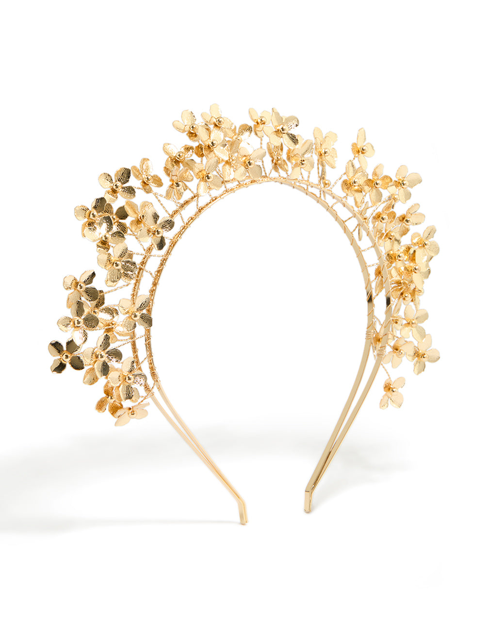 Featuring a gold wire flowers layered headband in statement style front view