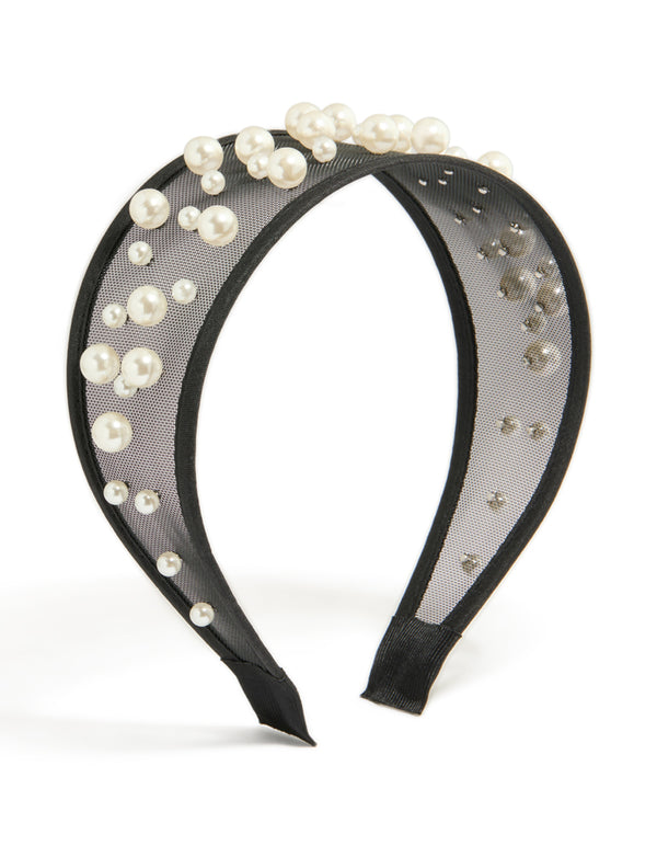 Showcasing a black wide mesh pearl headband front view