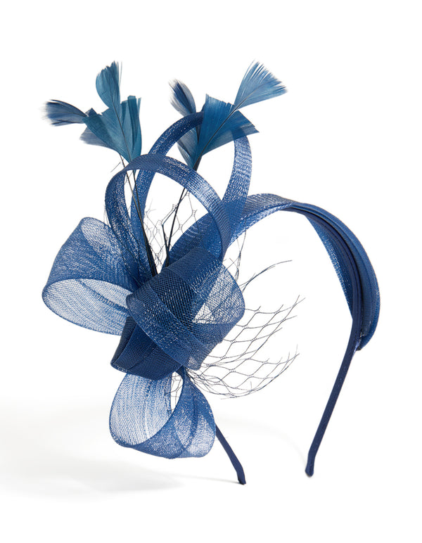 Dark Blue Feather Loop Net Fascinator