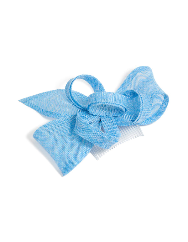 Showcasing a bow fascinator comb with solid sky blue loop design detail view