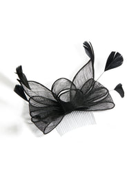Elegant black loop feather fascinator hair comb with solid white accents front view - link has visual effect only