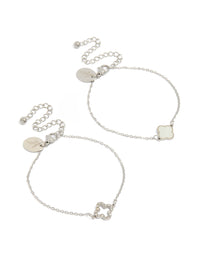 Showcasing waterproof stainless steel cubic zirconia flower bracelets in a 2-pack with crystal accents, and silver ivory tones front view - link has visual effect only