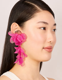 Designed with hot pink fabric flower drop earrings featuring statement design on model view - link has visual effect only