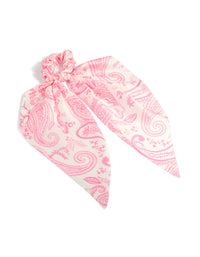 Beautifully designed pink boho pattern fabric scarf scrunchie with paisley print in hot pink and misty rose tones front view - link has visual effect only