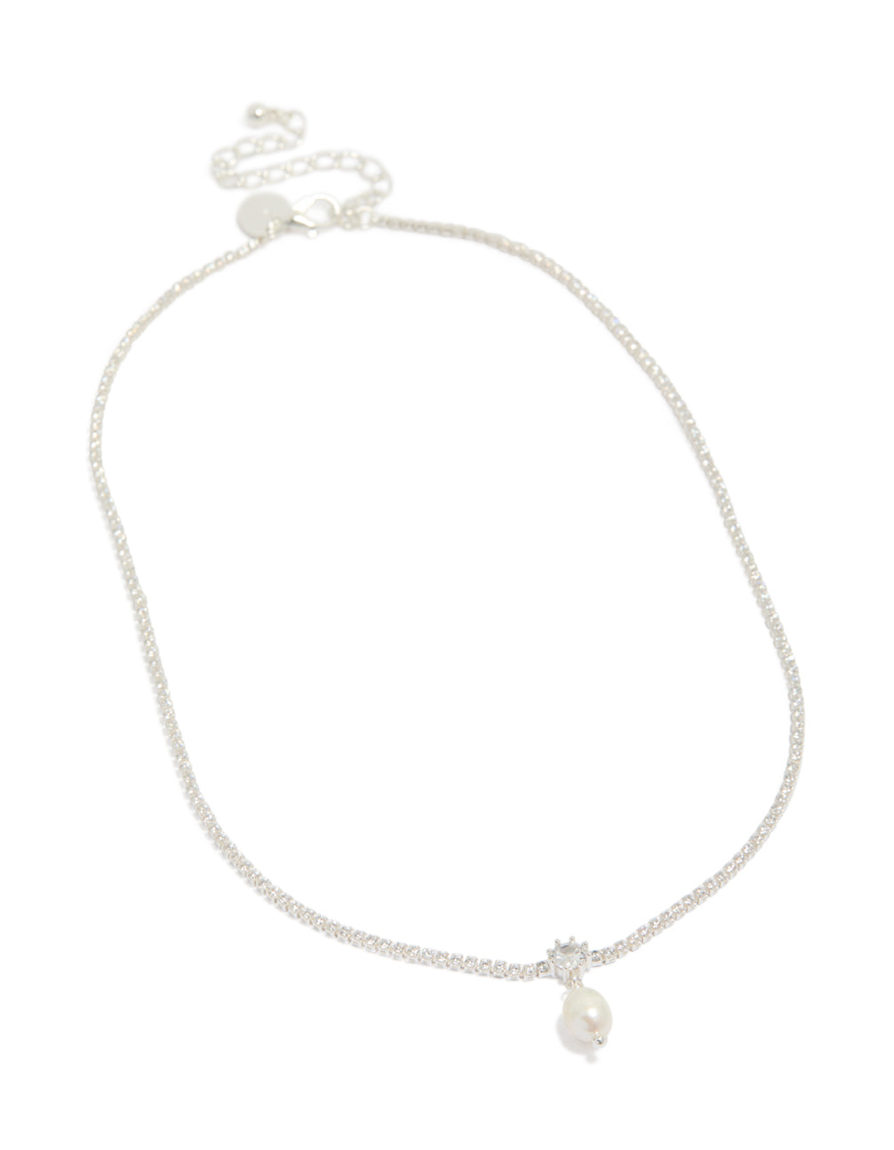 Stunning silver plated cubic zirconia and freshwater pearl tennis necklace with front view
