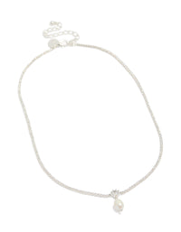 Stunning silver plated cubic zirconia and freshwater pearl tennis necklace with front view - link has visual effect only