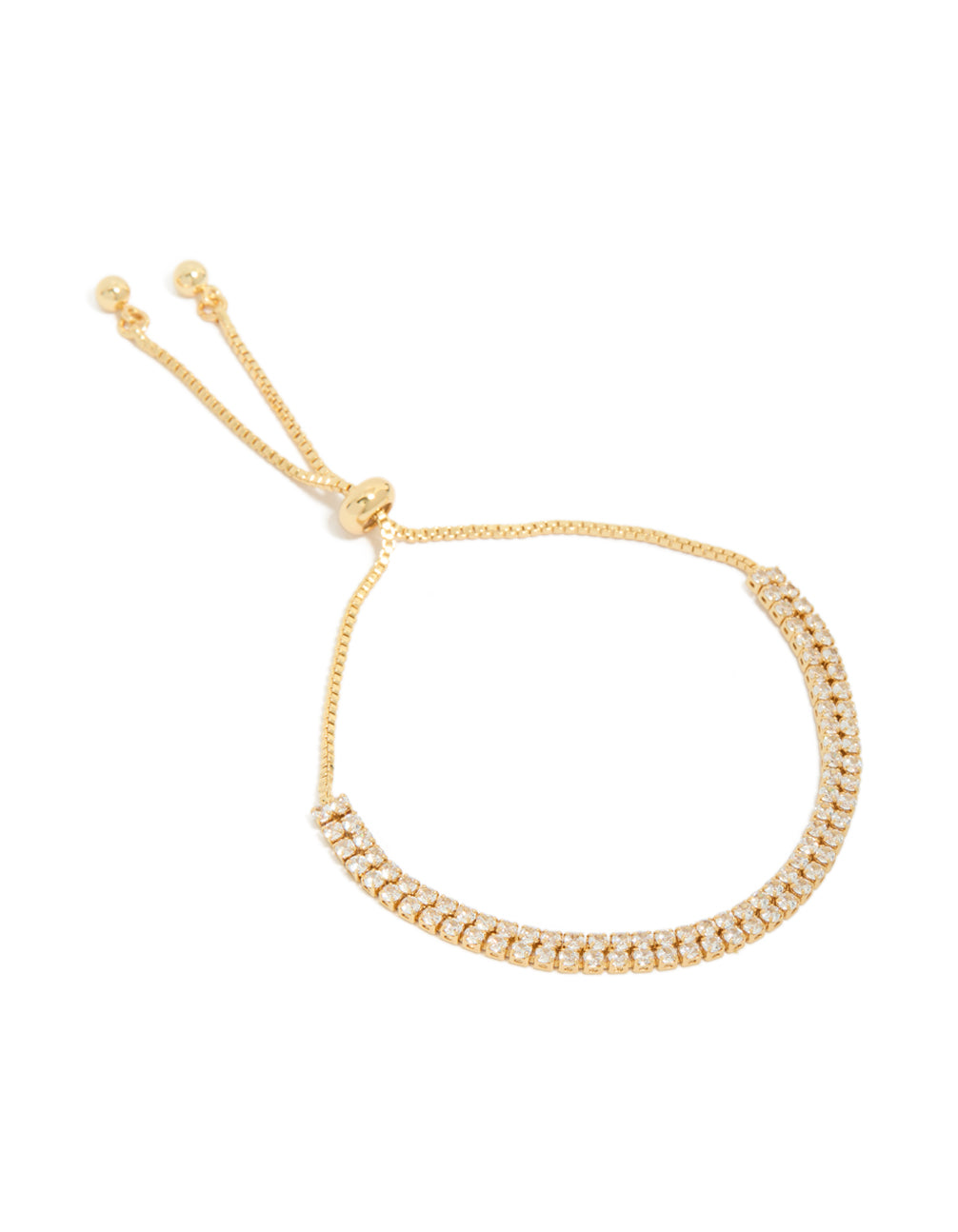 Elegant gold plated thin double cubic zirconia tennis toggle bracelet front view