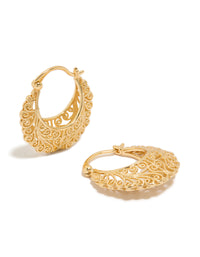 Showcasing gold plated boho patterned hoop earrings with intricate filigree design front view - link has visual effect only