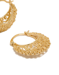 Highlighting gold plated boho patterned hoop earrings with textured surface and latch closure post detail view - link has visual effect only
