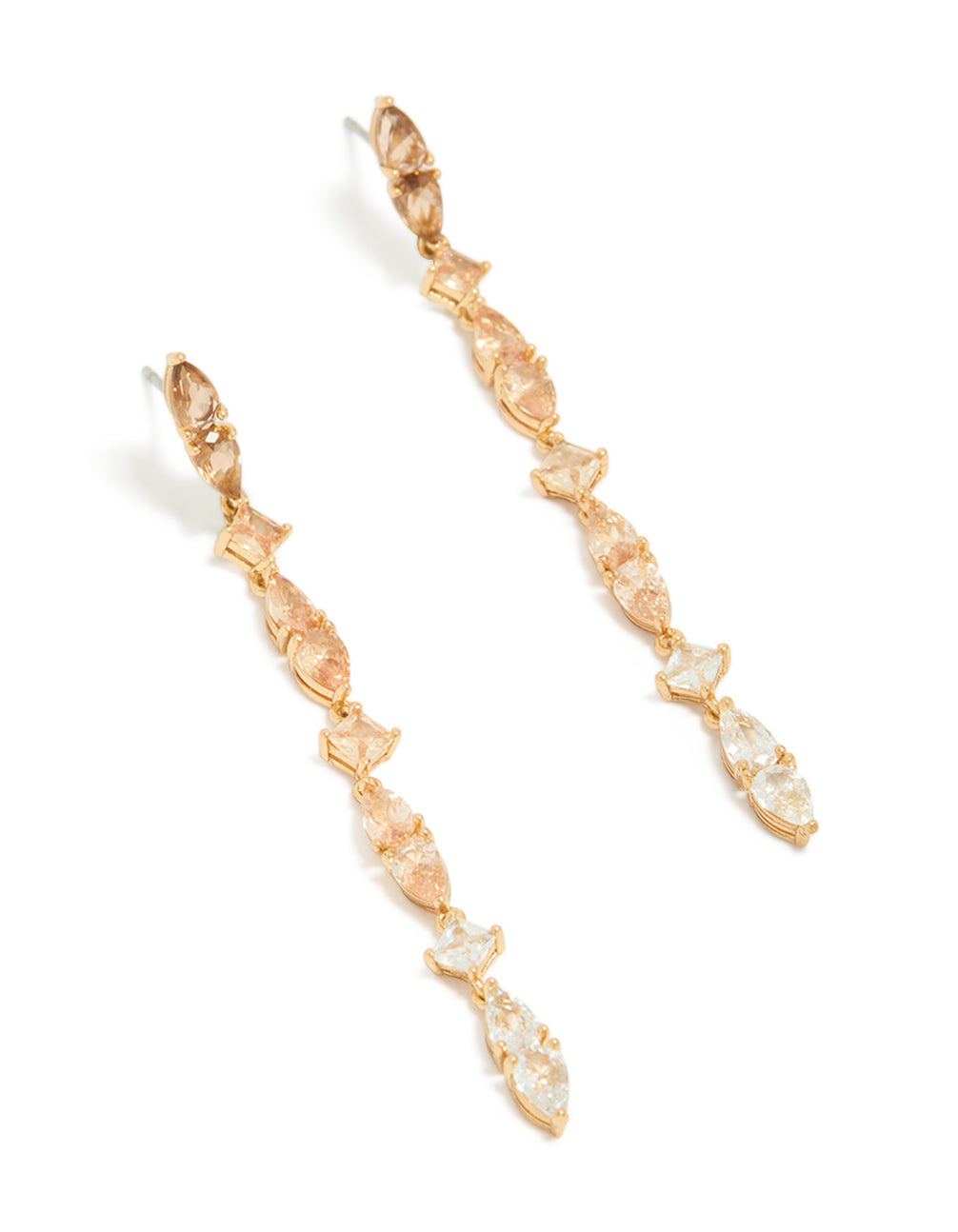 Showcasing statement drop earrings in gold plated finish with cognac cubic zirconia stones and multi shaped design front view