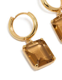 Elegant gold plated large square cognac cubic zirconia drop earrings featuring statement design close up view - link has visual effect only