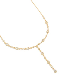 Featuring a statement necklace crafted from gold plated material with cubic zirconia stones in an alternating Y design front view - link has visual effect only