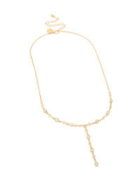 Featuring a statement necklace crafted from gold plated material with cubic zirconia stones in an alternating Y design front view - link has visual effect only