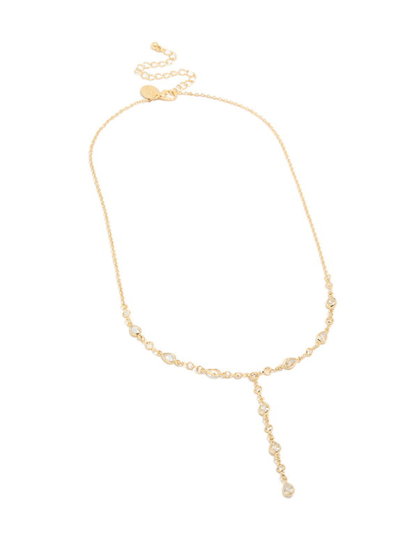Featuring a statement necklace crafted from gold plated material with cubic zirconia stones in an alternating Y design front view