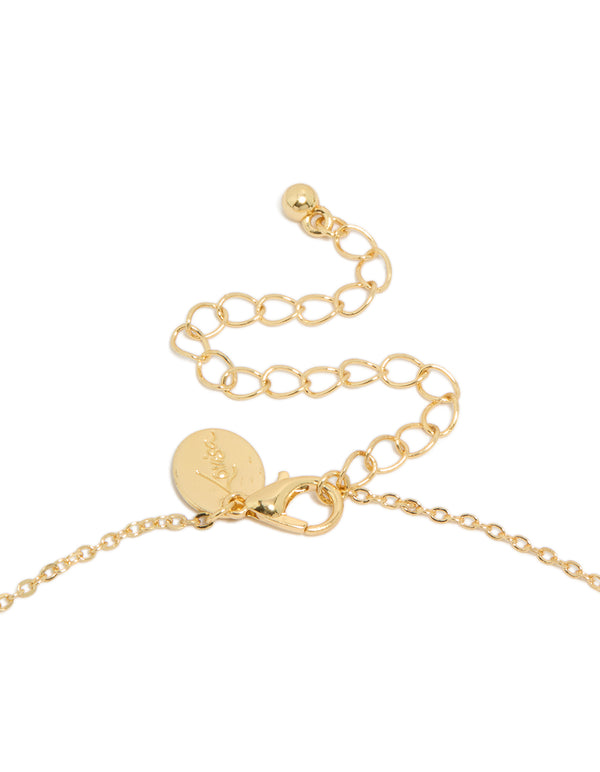Close detail of gold plated statement necklace clasp with adjustable chain and lobster closure view