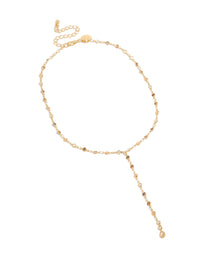 Beautifully crafted gold plated multicoloured cubic zirconia circle detailed Y-necklace with dainty style front view - link has visual effect only
