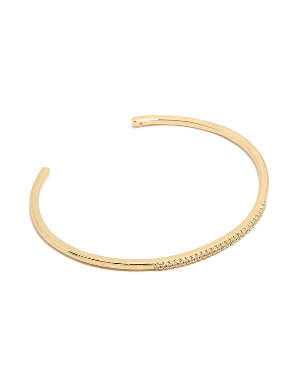 Crafted from gold plated material with cubic zirconia stones, this thin wrist cuff bangle front view