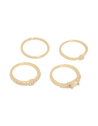 Showcasing gold plated cubic zirconia wavy bezel set rings 4-pack with varied designs front view - link has visual effect only