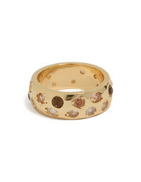 Showcasing a gold plated multicoloured cubic zirconia chunky band ring front view - link has visual effect only