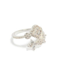 Showcasing a dainty silver plated cubic zirconia floral wrap ring front view - link has visual effect only