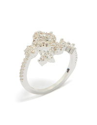 Featuring a dainty silver plated cubic zirconia floral wrap ring side detail view - link has visual effect only