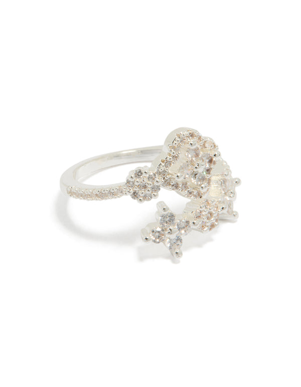 Showcasing a dainty silver plated cubic zirconia floral wrap ring front view