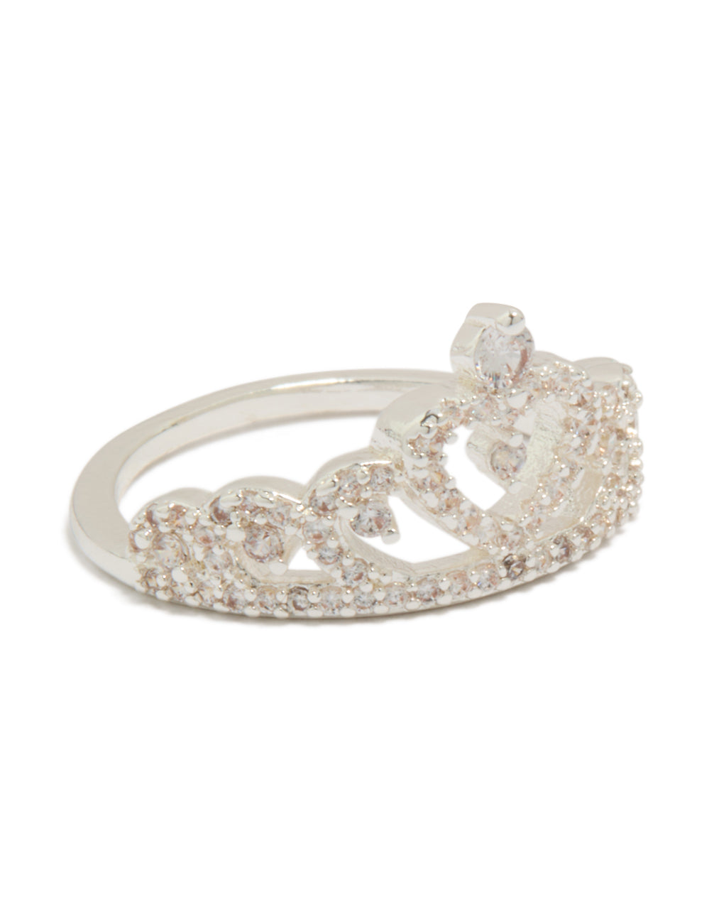Presenting a silver plated cubic zirconia princess heart ring with statement styling in a front view