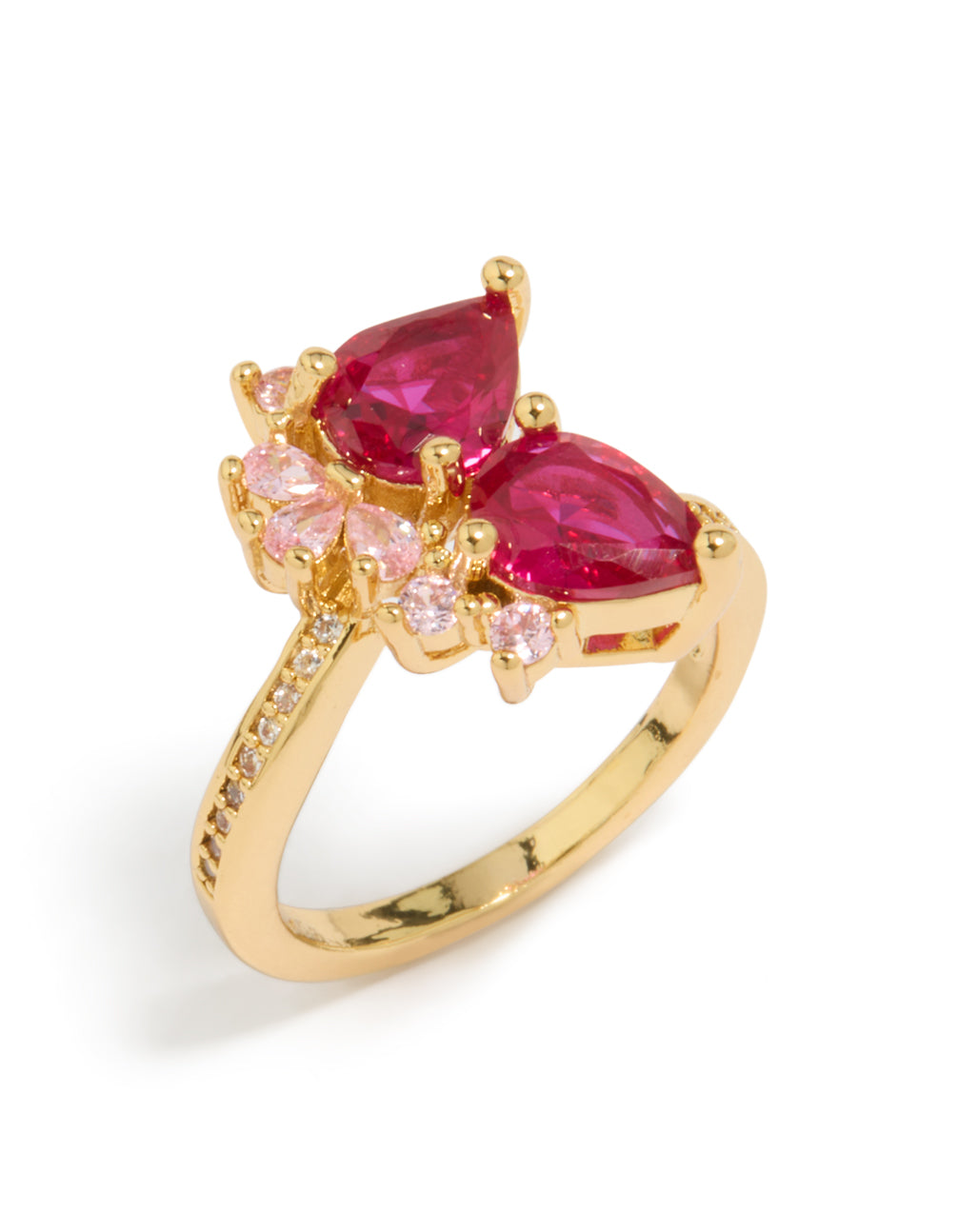 Showcasing pear cut cubic zirconia stones in red and pink, this gold plated statement ring front view