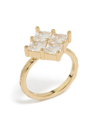 Showcasing a gold plated textured square ring with cubic zirconia in a statement style front view - link has visual effect only