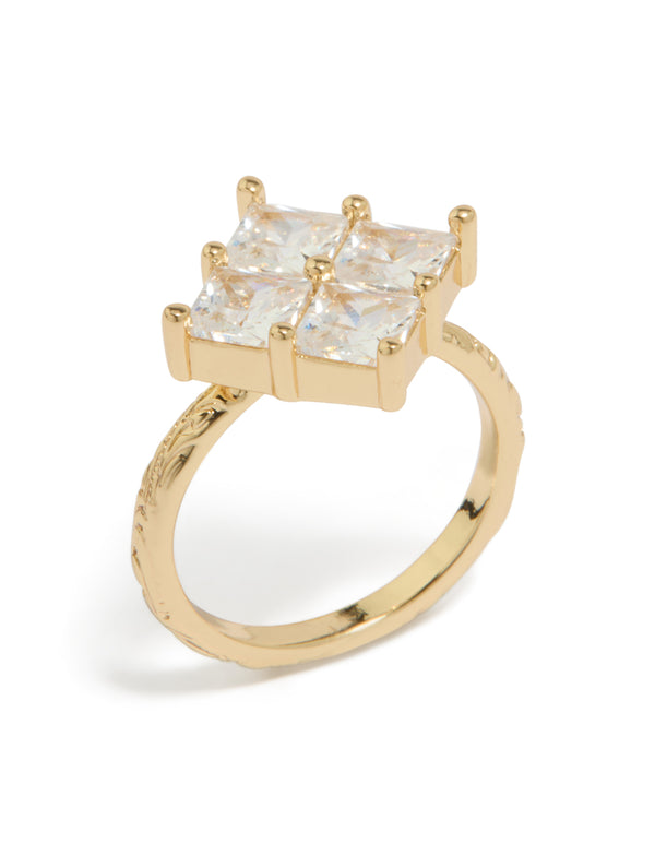 Showcasing a gold plated textured square ring with cubic zirconia in a statement style front view