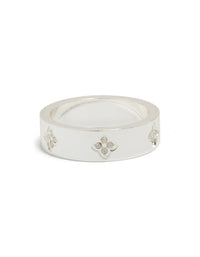 Elegant waterproof stainless steel band ring featuring floral cubic zirconia embellishments in silver and clear stone, dainty style front view - link has visual effect only